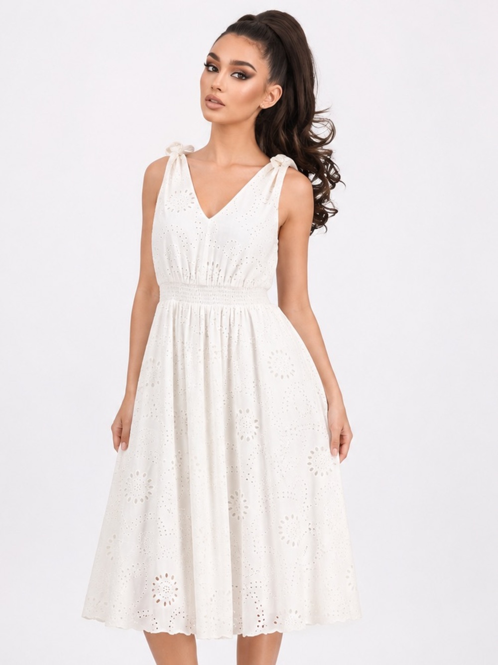 Anne Klein Pearl White Eyelet Cotton A-Line Midi Dress Petite 4P NWT